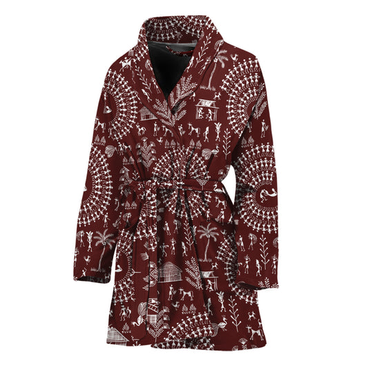 Red And White Warli Tribal Print Women's Bathrobe