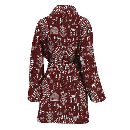 Red And White Warli Tribal Print Women's Bathrobe