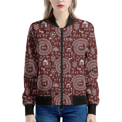 Red And White Warli Tribal Print Women's Bomber Jacket