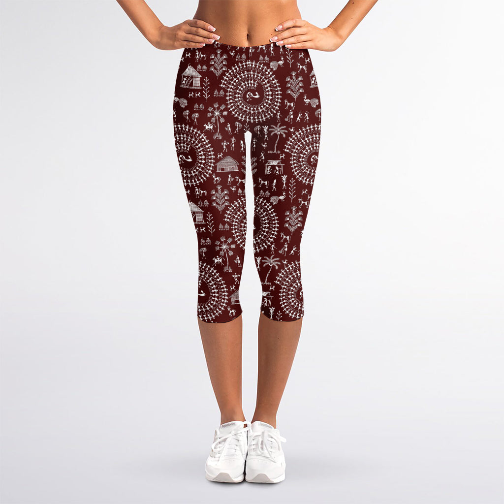 Red And White Warli Tribal Print Women's Capri Leggings