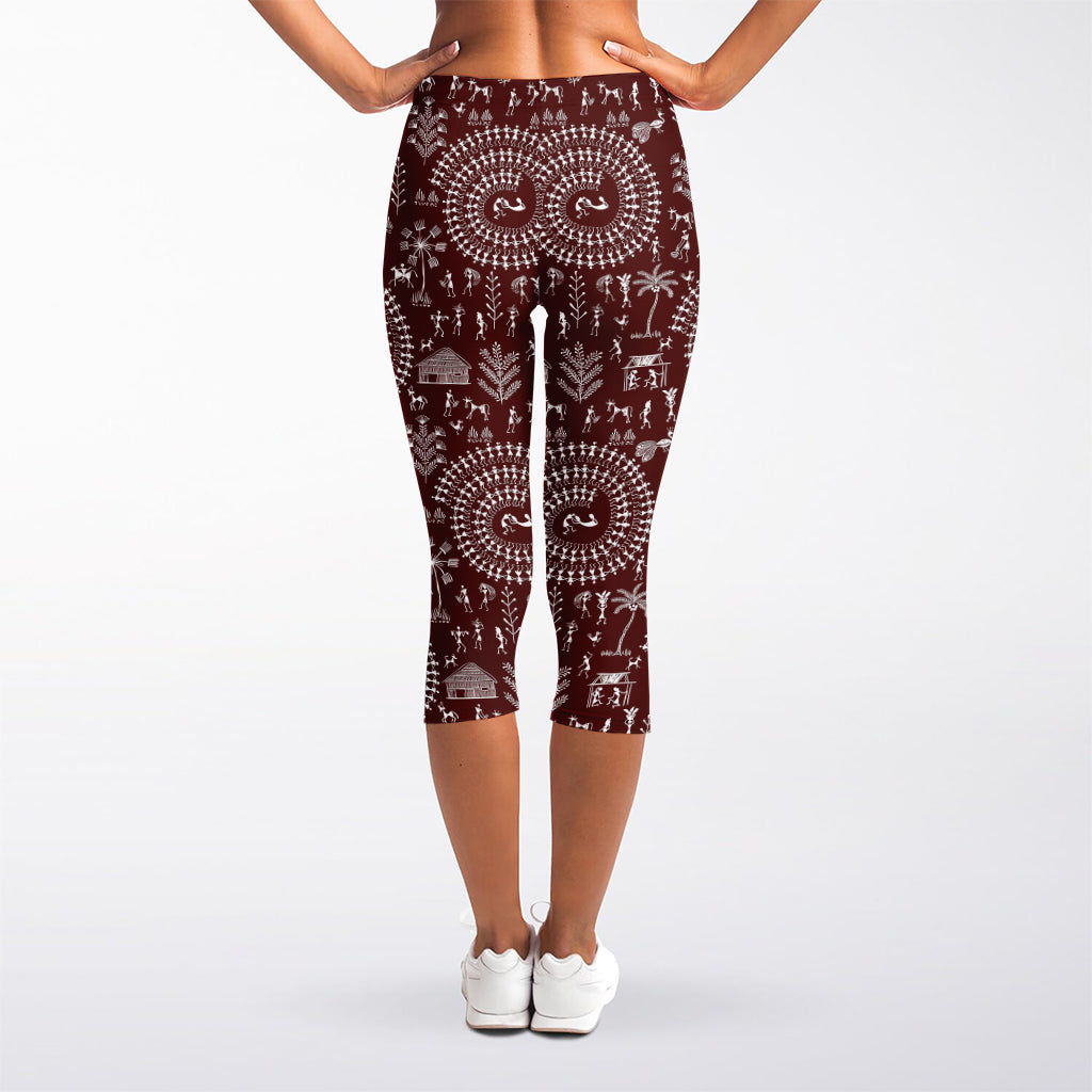 Red And White Warli Tribal Print Women's Capri Leggings