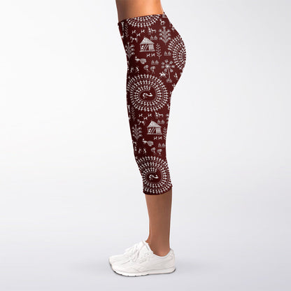 Red And White Warli Tribal Print Women's Capri Leggings