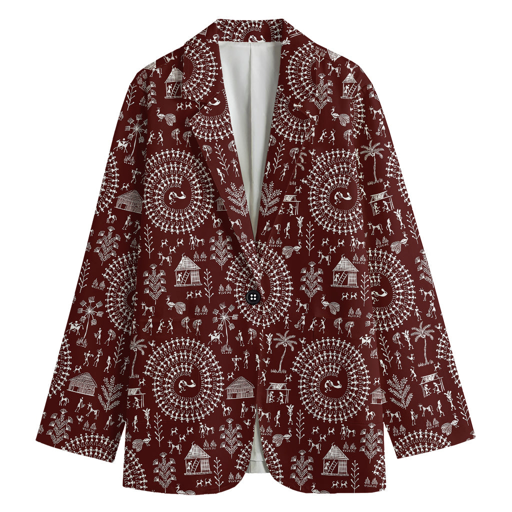 Red And White Warli Tribal Print Women's Cotton Blazer