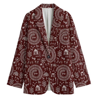 Red And White Warli Tribal Print Women's Cotton Blazer