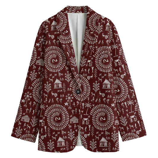 Red And White Warli Tribal Print Women's Cotton Blazer