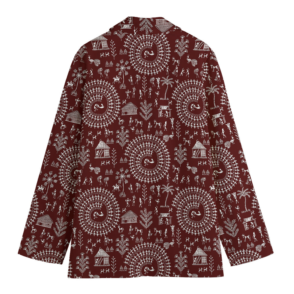 Red And White Warli Tribal Print Women's Cotton Blazer