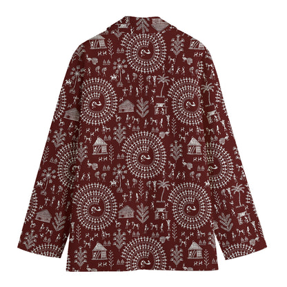 Red And White Warli Tribal Print Women's Cotton Blazer