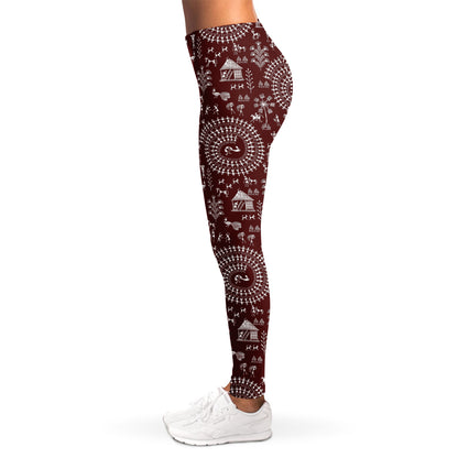 Red And White Warli Tribal Print Women's Leggings