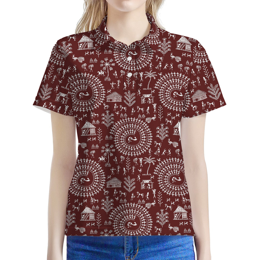 Red And White Warli Tribal Print Women's Polo Shirt