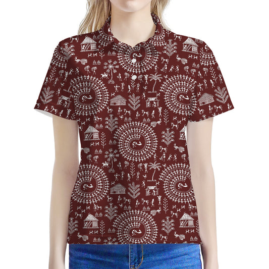 Red And White Warli Tribal Print Women's Polo Shirt
