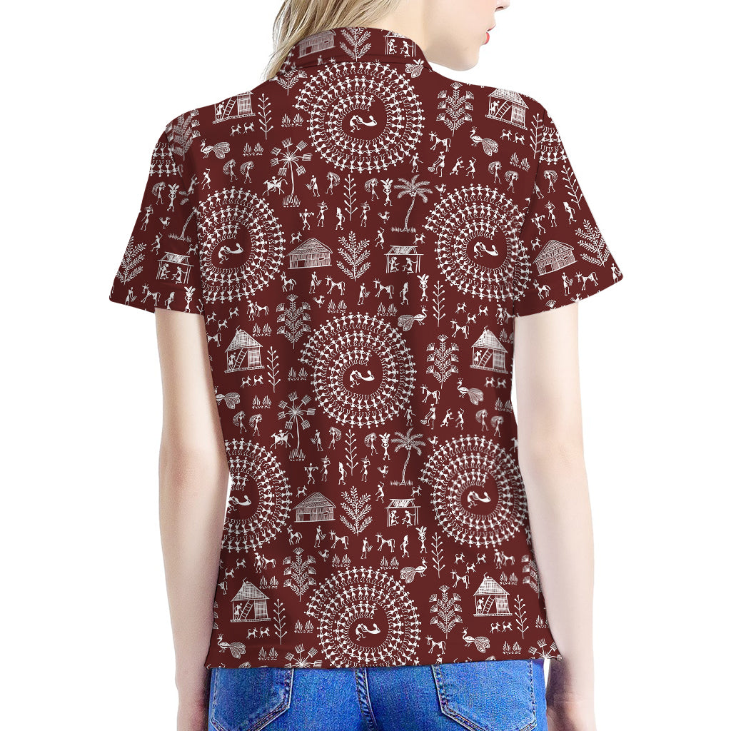 Red And White Warli Tribal Print Women's Polo Shirt