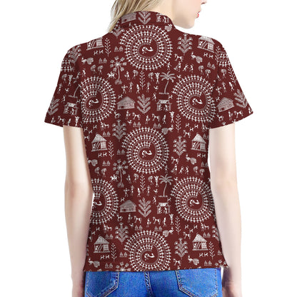 Red And White Warli Tribal Print Women's Polo Shirt