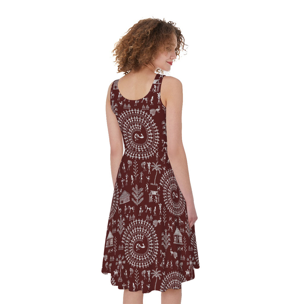 Red And White Warli Tribal Print Women's Sleeveless Dress