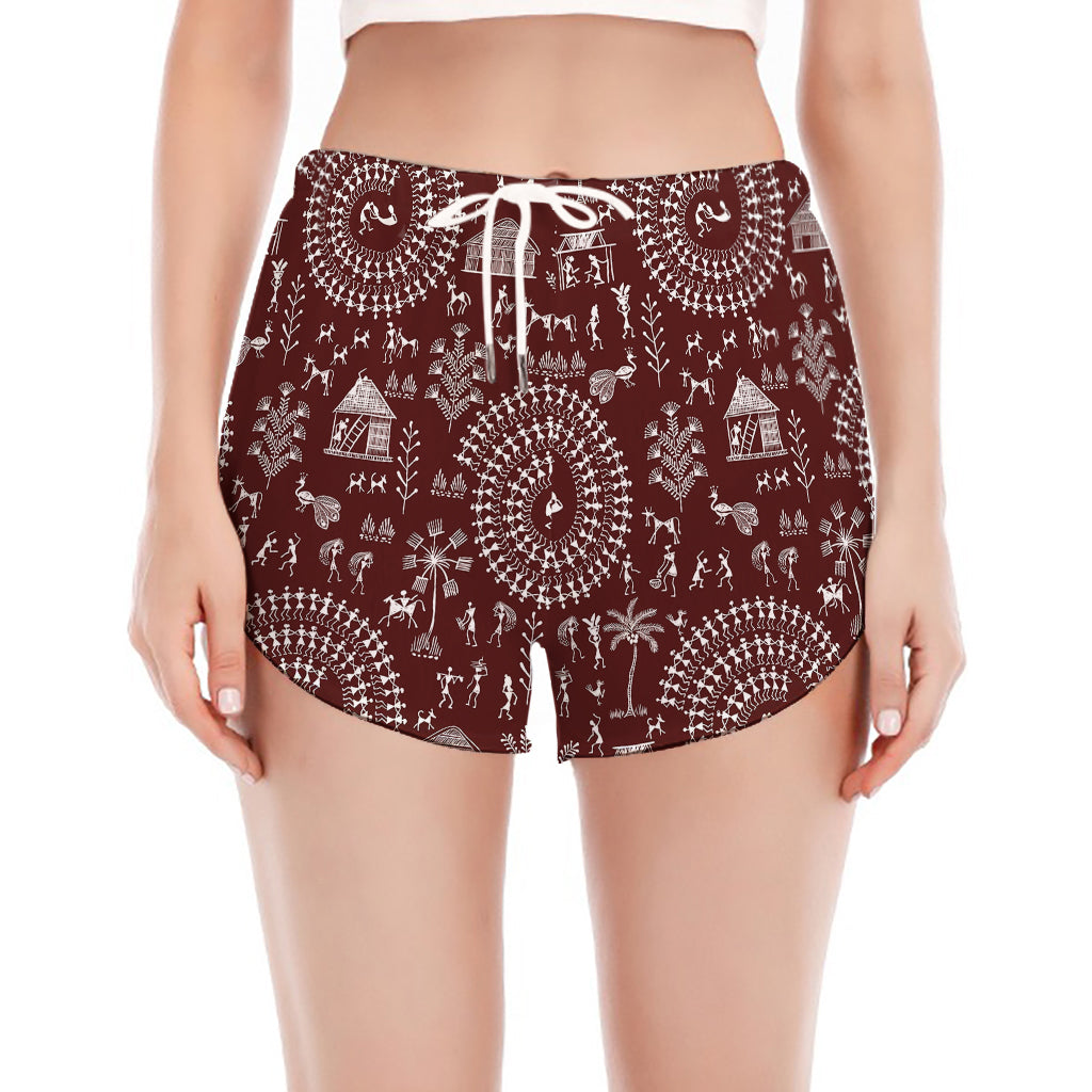 Red And White Warli Tribal Print Women's Split Running Shorts