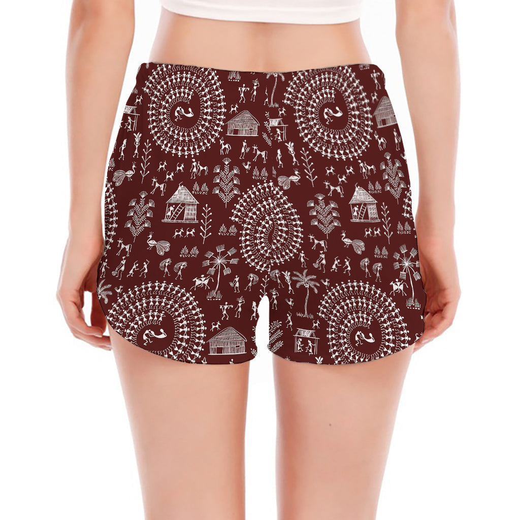 Red And White Warli Tribal Print Women's Split Running Shorts