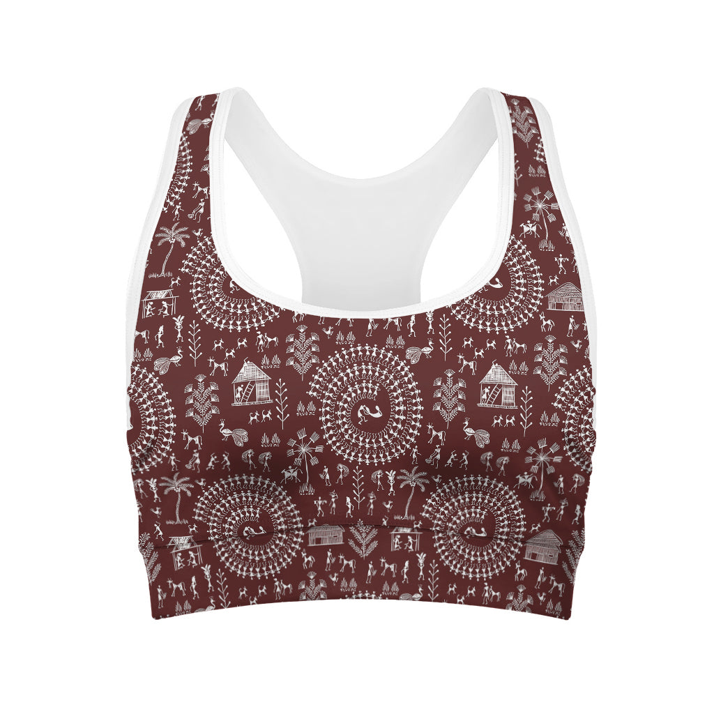 Red And White Warli Tribal Print Women's Sports Bra
