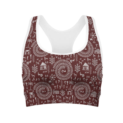 Red And White Warli Tribal Print Women's Sports Bra