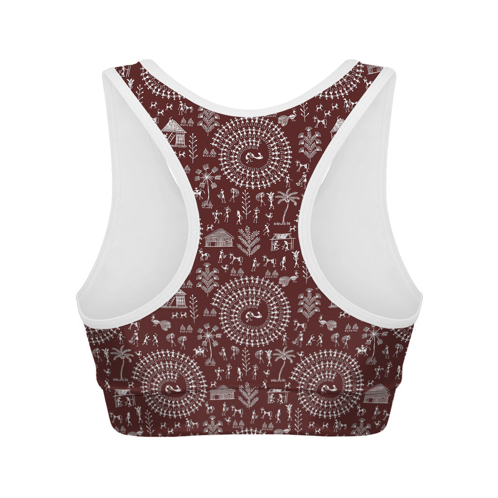 Red And White Warli Tribal Print Women's Sports Bra