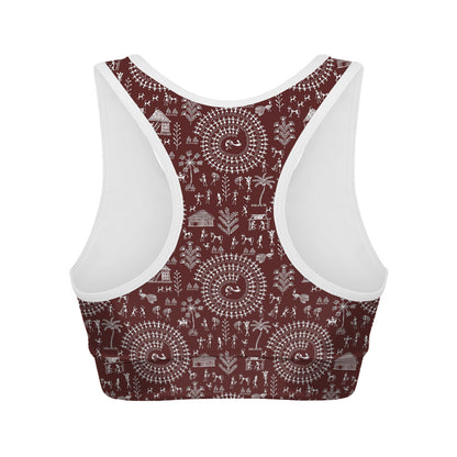 Red And White Warli Tribal Print Women's Sports Bra