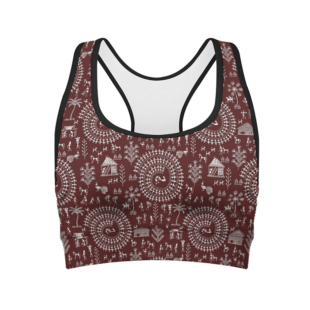 Red And White Warli Tribal Print Women's Sports Bra