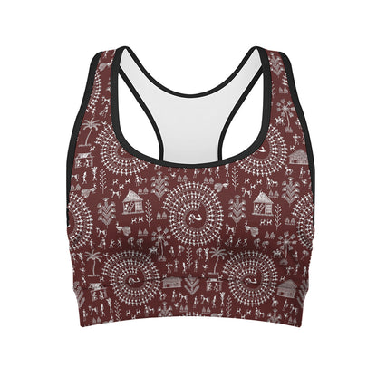 Red And White Warli Tribal Print Women's Sports Bra