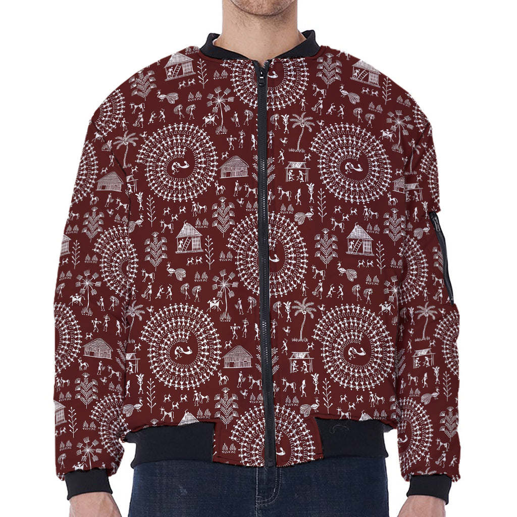 Red And White Warli Tribal Print Zip Sleeve Bomber Jacket