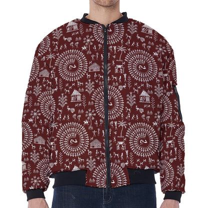 Red And White Warli Tribal Print Zip Sleeve Bomber Jacket