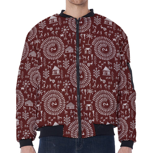 Red And White Warli Tribal Print Zip Sleeve Bomber Jacket