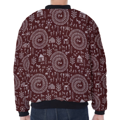 Red And White Warli Tribal Print Zip Sleeve Bomber Jacket