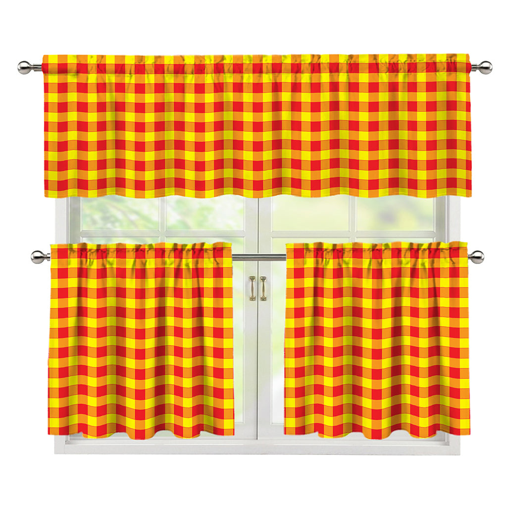 Red And Yellow Check Pattern Print 3 Piece Kitchen Curtains