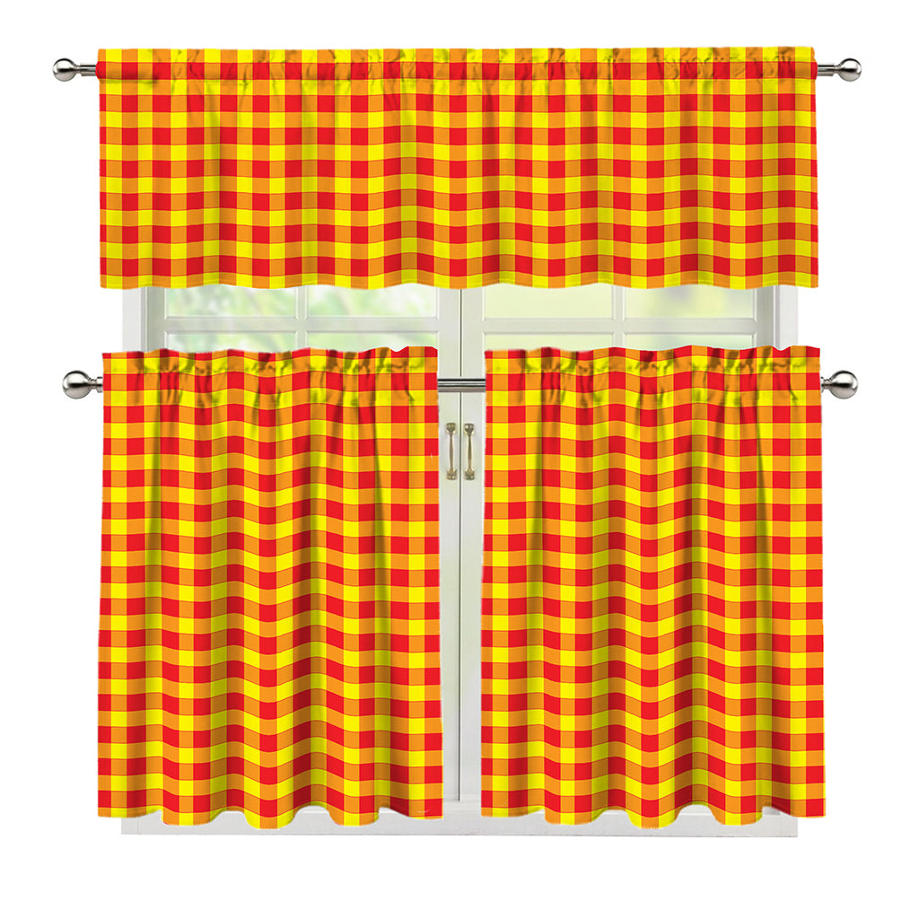 Red And Yellow Check Pattern Print 3 Piece Kitchen Curtains