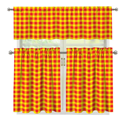 Red And Yellow Check Pattern Print 3 Piece Kitchen Curtains