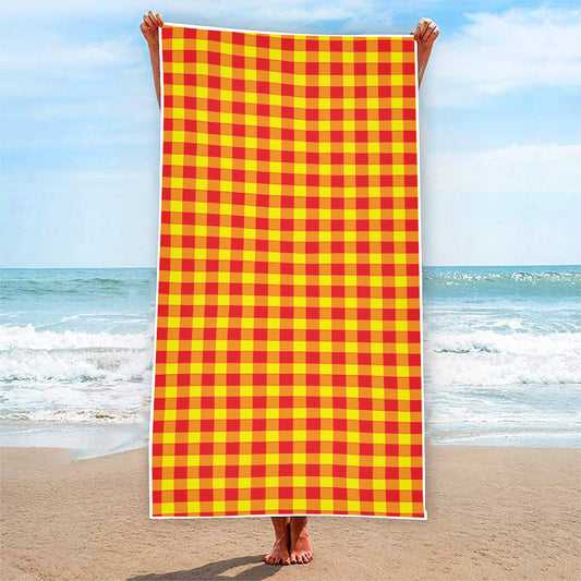 Red And Yellow Check Pattern Print Beach Towel