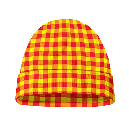 Red And Yellow Check Pattern Print Beanie