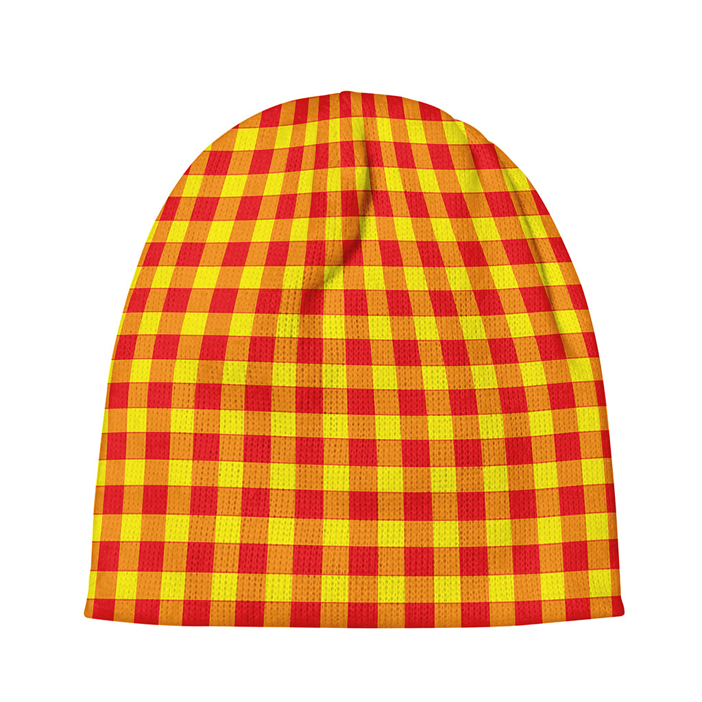 Red And Yellow Check Pattern Print Beanie