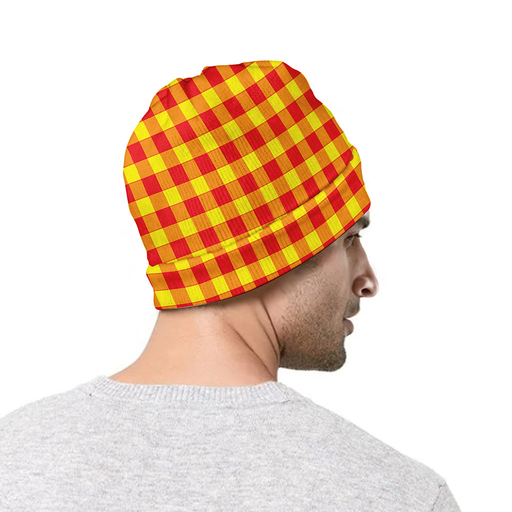 Red And Yellow Check Pattern Print Beanie