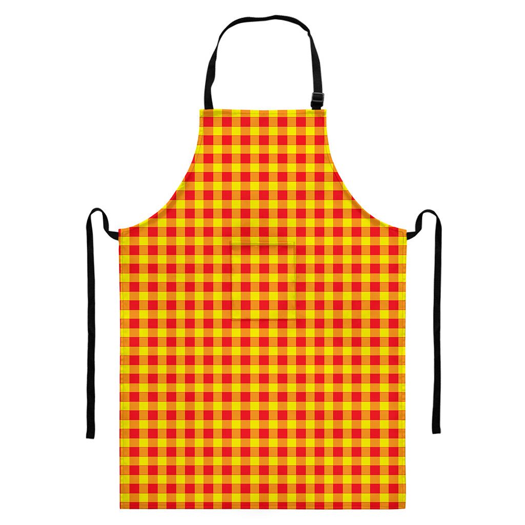 Red And Yellow Check Pattern Print Bib Apron With Pocket