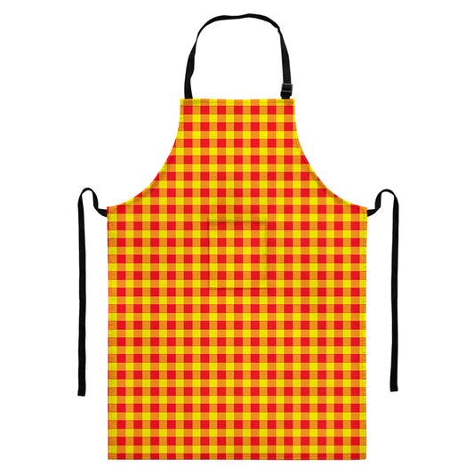 Red And Yellow Check Pattern Print Bib Apron With Pocket