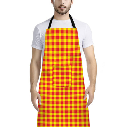 Red And Yellow Check Pattern Print Bib Apron With Pocket