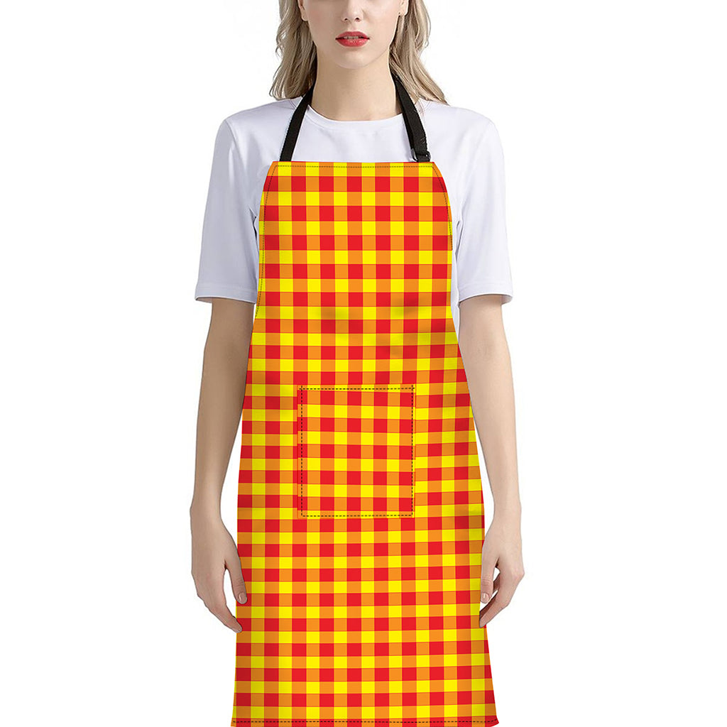 Red And Yellow Check Pattern Print Bib Apron With Pocket