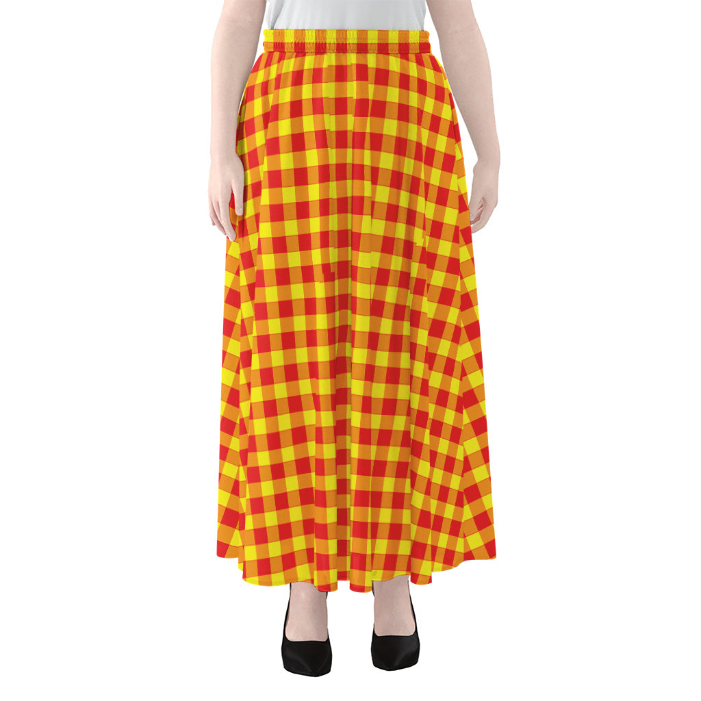 Red And Yellow Check Pattern Print Chiffon Maxi Skirt