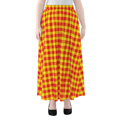 Red And Yellow Check Pattern Print Chiffon Maxi Skirt