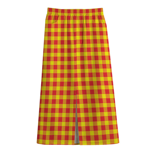 Red And Yellow Check Pattern Print Cotton Front Slit Maxi Skirt