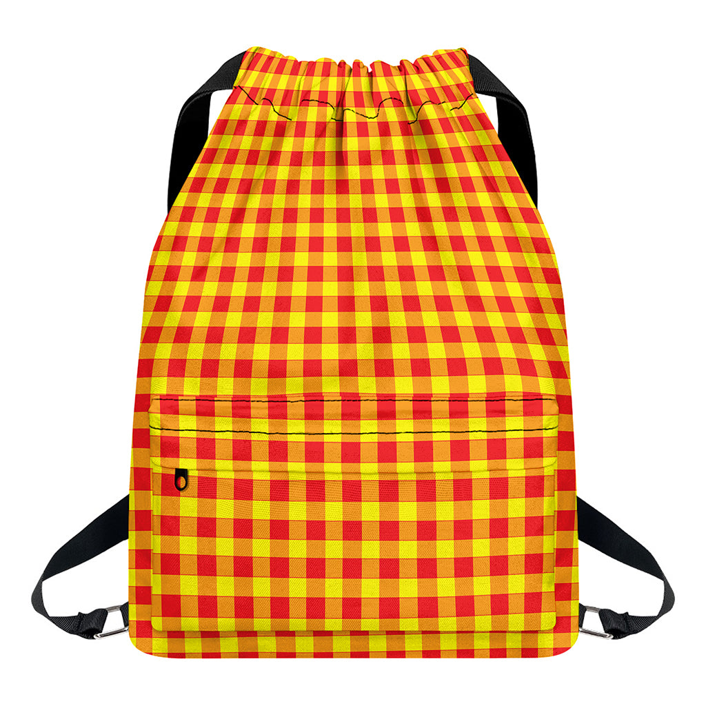 Red And Yellow Check Pattern Print Drawstring Backpack