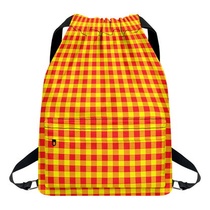 Red And Yellow Check Pattern Print Drawstring Backpack