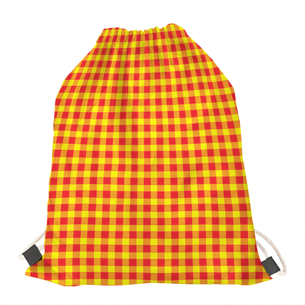 Red And Yellow Check Pattern Print Drawstring Bag