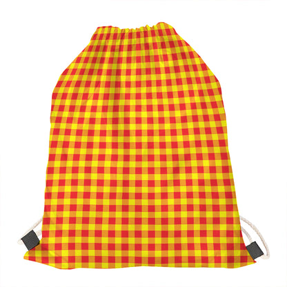 Red And Yellow Check Pattern Print Drawstring Bag