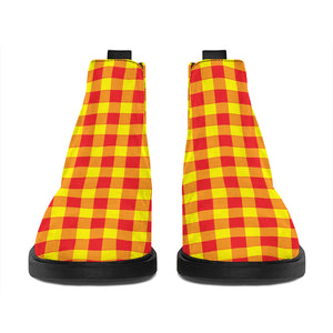 Red And Yellow Check Pattern Print Flat Ankle Boots