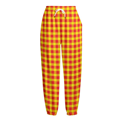 Red And Yellow Check Pattern Print Fleece Lined Knit Pants