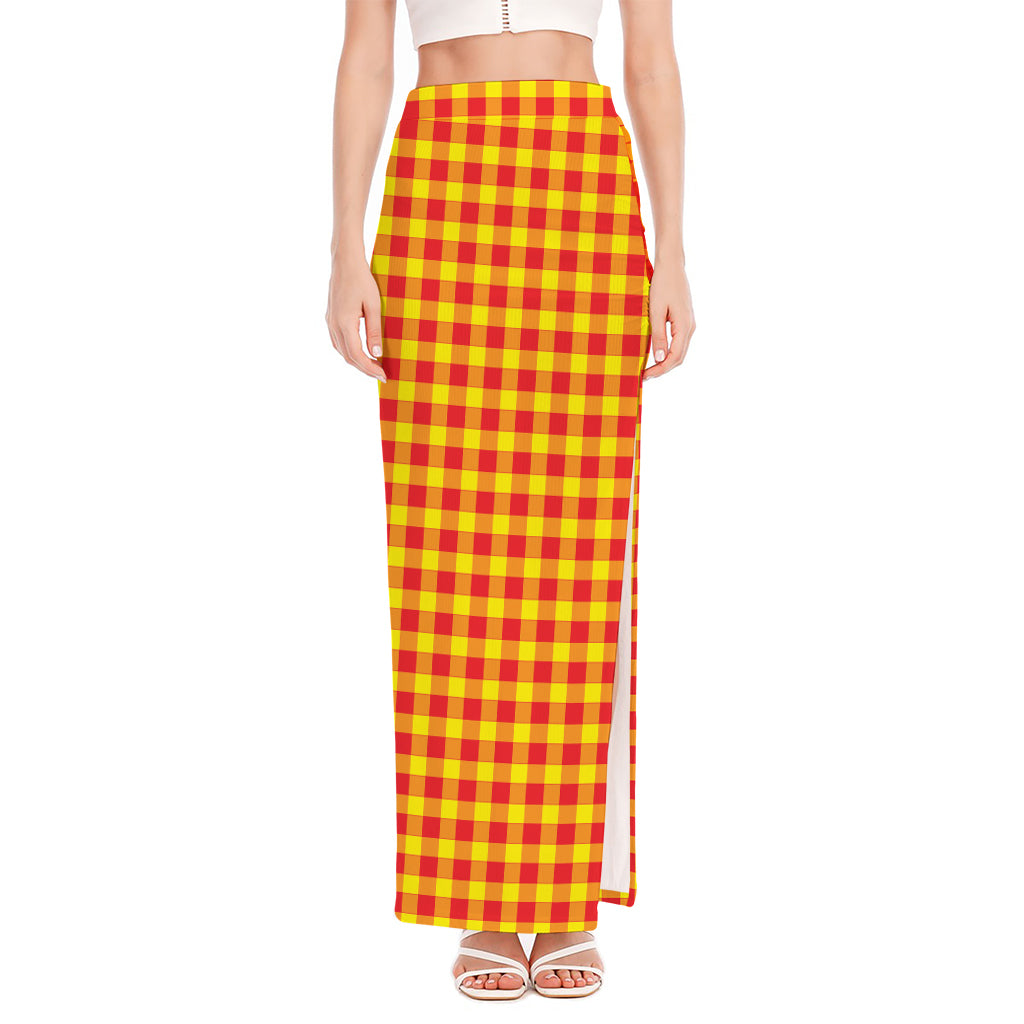 Red And Yellow Check Pattern Print High Slit Maxi Skirt